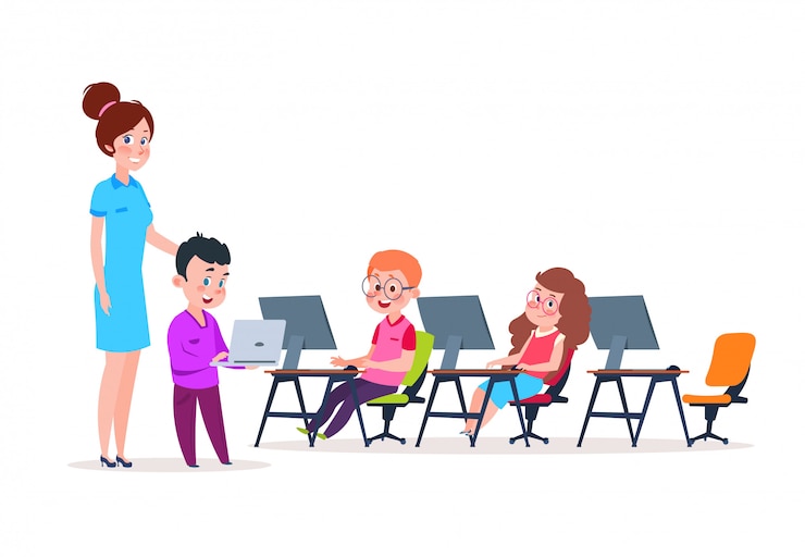 Vector school children coding at computers. cartoon boys and girs learning new technology.