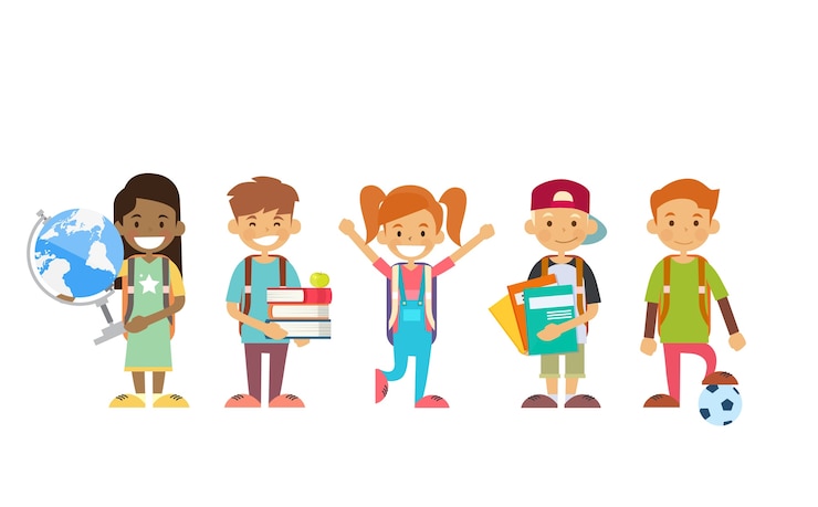 Vector school children group holding globe, books, copybooks