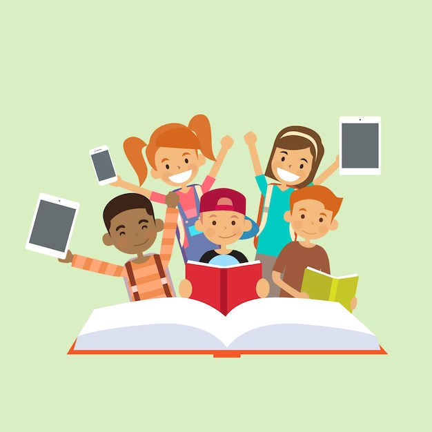 School children group with modern smart gadgets reading book