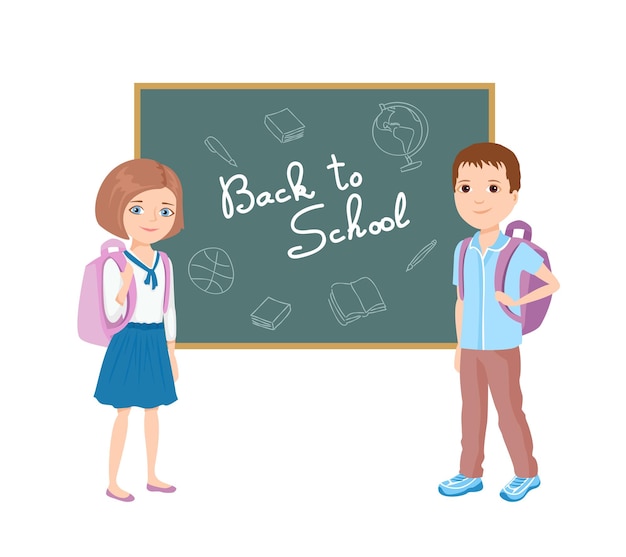 School children near blackboard with lettering Back to school