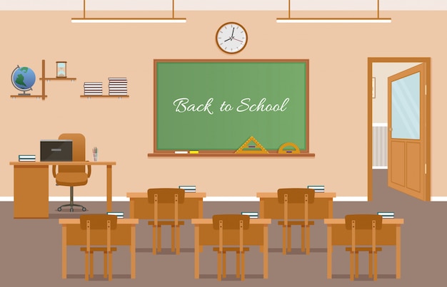 Vector school class room interior design with text on chalkboard