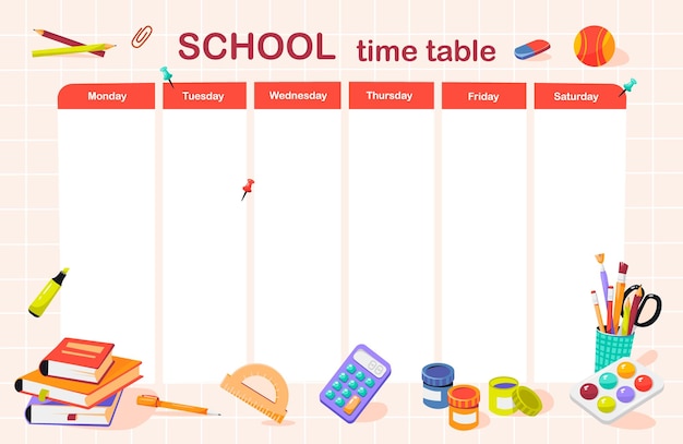 学校の時間割表です。学用品。オフィスや学校用の本、ペン、鉛筆の山。