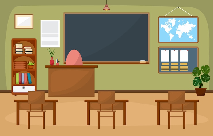Vector school classroom interior room blackboard furniture flat