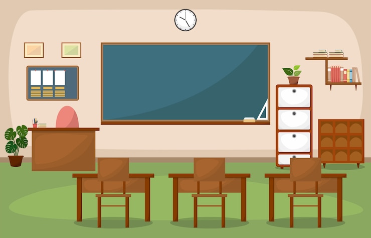Vector school classroom interior room blackboard furniture flat