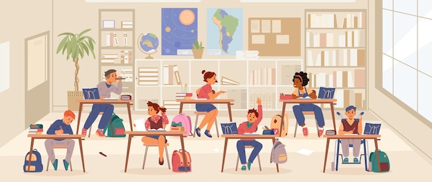 School classroom interior with diverse pupils sitting at desks studying
