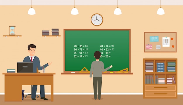 Vector school classroom with chalkboard, clock and teacher's desk. teacher sitting at the table and schoolboy staying near chalkboard