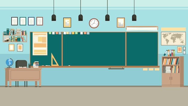 School classroom with chalkboard and teachers desk.
