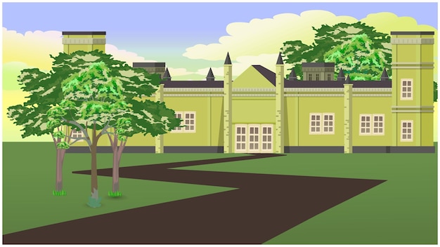 ベクトル 2d漫画アニメーションの背景のための学校の大学の建物のアーキテクチャ。