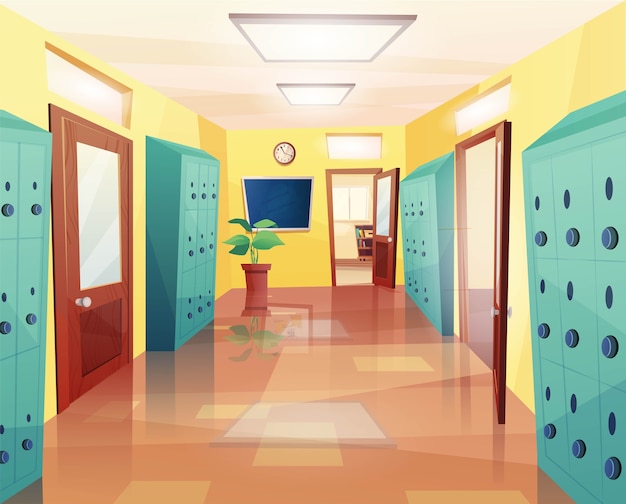 Vector school, college hallway with open and closed doors, clock on the wall, storage lockers, notice board. cartoon  for kids game or web.