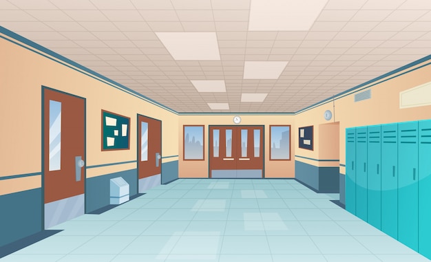 Vector school corridor. bright college interior of big hallway with doors classroom with desks without kids  cartoon picture