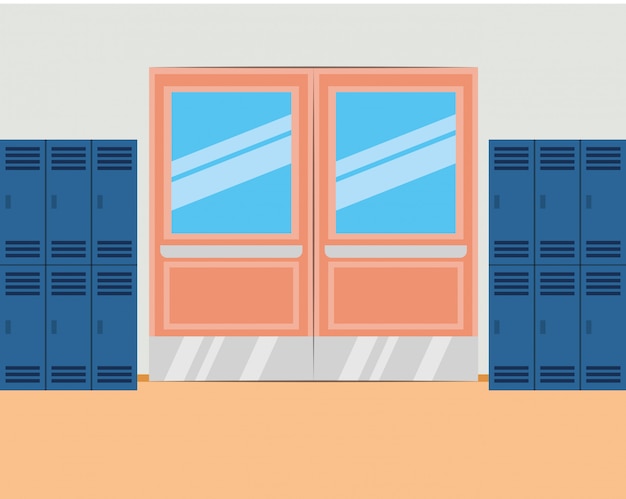 Вектор Школьный коридор с запирающимися шкафчиками и закрытой дверью