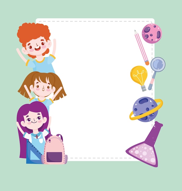 School cute students science test tube planet pencil cartoon banner  illustration