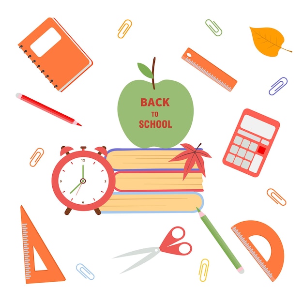 Vector school design with green apple and learning materials