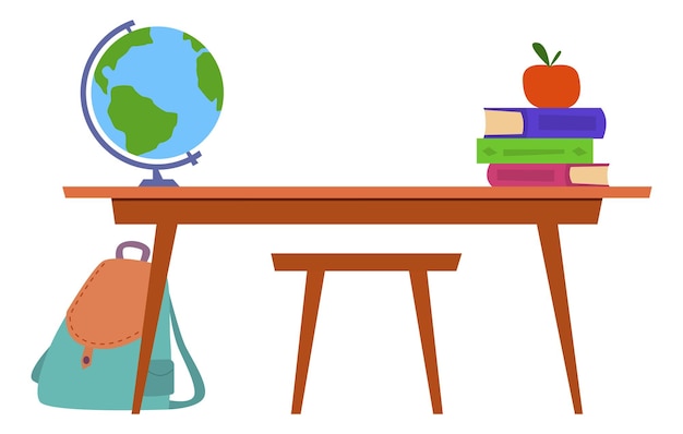 Vettore banco di scuola con forniture per lo studio tavolo in legno con pila di libri
