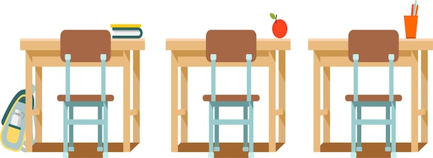 School Desks and Chairs in Classroom in Flat Style