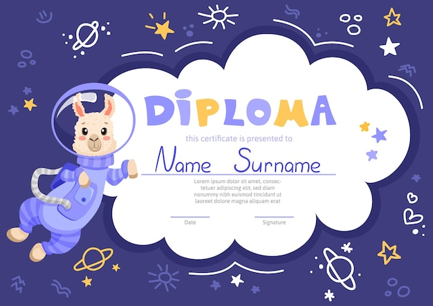 Modello di certificato di diploma scolastico con simpatico astronauta alpaca per bambini all'asilo