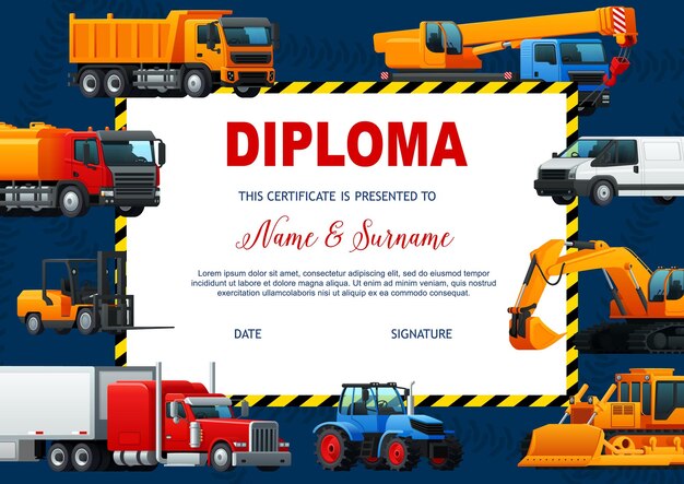 School diploma vector sjabloon met zware voertuigen