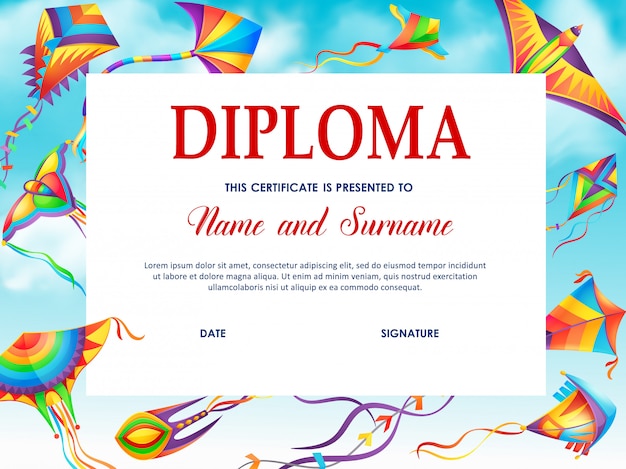 School diploma vector template with cartoon kites