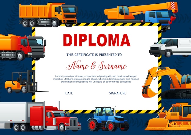 School diploma vector template with heavy vehicles