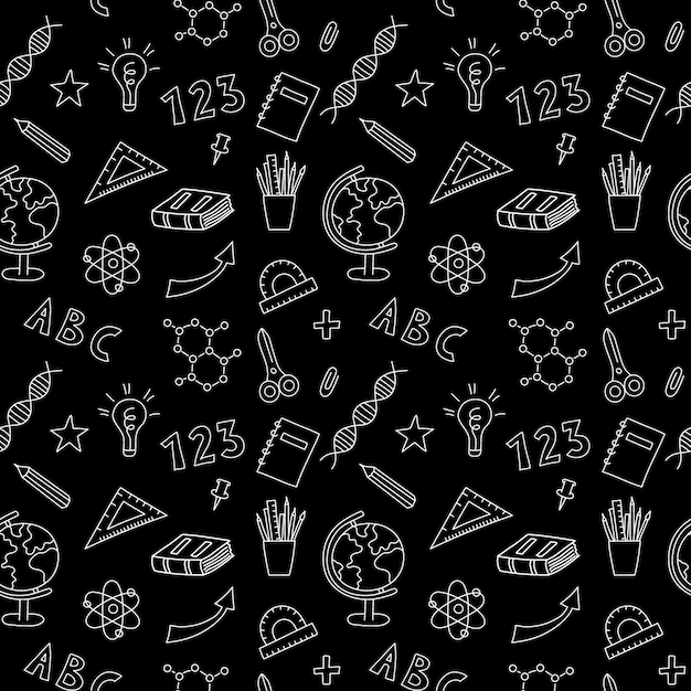 School doodle pattern black and white Hand drawn education elements School seamless background