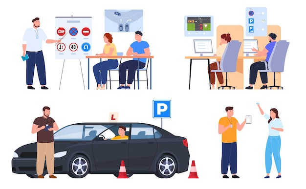 Vector school of drivers teaching traffic rules and safe driving vector illustration