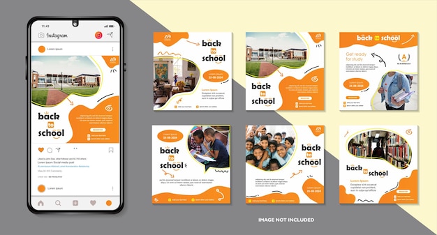 学校教育入学ソーシャルメディアの投稿と学校への戻るウェブバナーテンプレートまたは正方形のチラシ