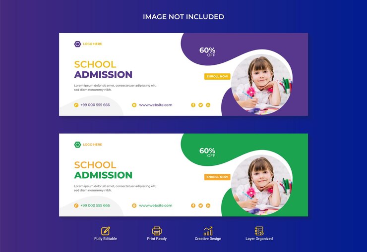 学校教育入学ウェブバナーとフェイスブックタイムラインカバーデザインテンプレート。