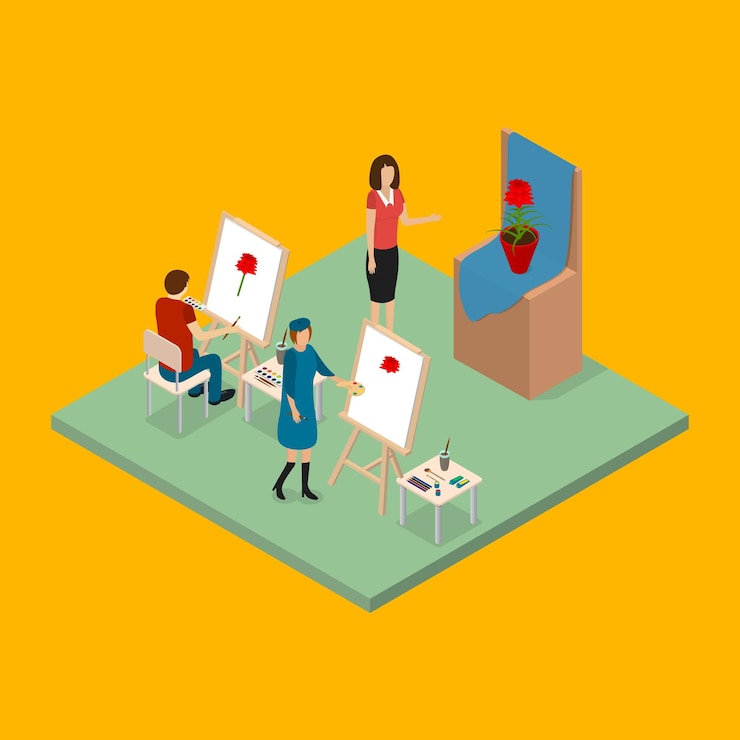 Vector school education concept 3d isometric view scene with children and teacher in art classroom vector illustration