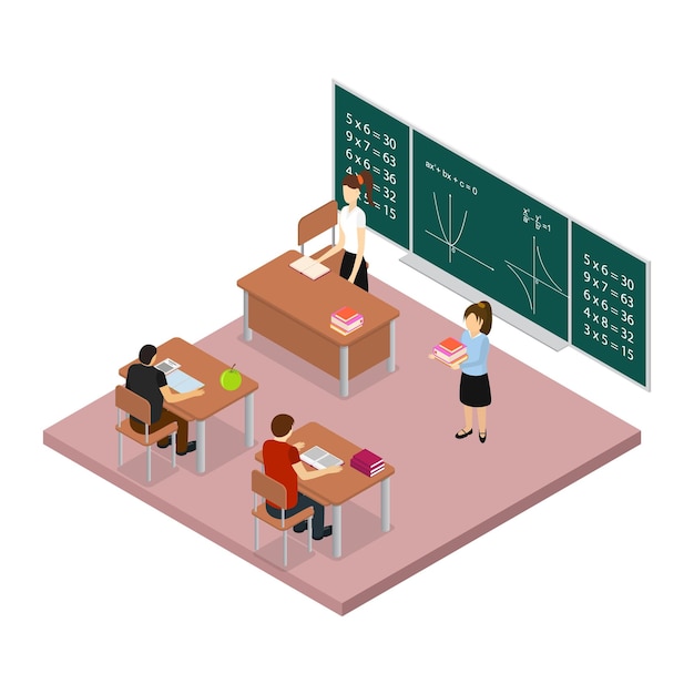 Scena di vista isometrica 3d del concetto di istruzione scolastica con bambini e insegnanti nell'illustrazione vettoriale dell'aula di matematica