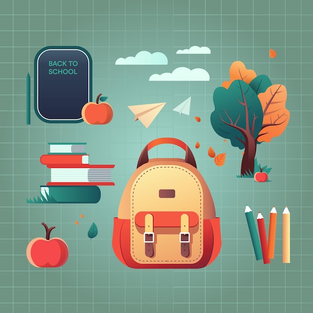 Vettore elementi di design della scuola e dell'istruzione adesivi con zaino alberi autunnali mela e vettore di libri