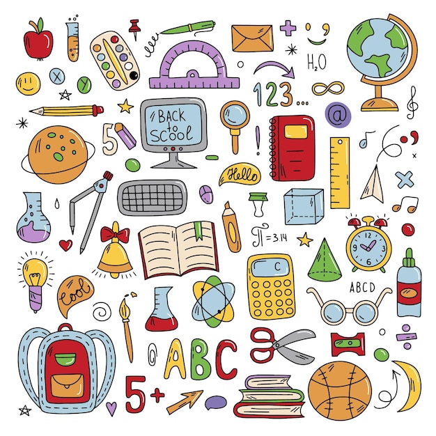 School and education doodle hand drawn vector symbols and objects Colorful drawings for your design Teacher's Day