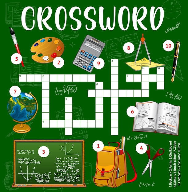 School education objects crossword puzzle worksheet word quiz Vector cross word game find backpack paints chalkboard scissors brush book and globe with compass calculator and pen cartoon items