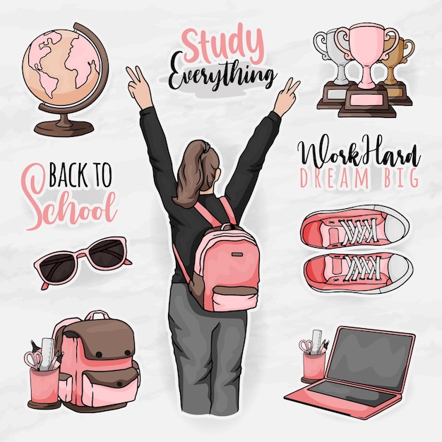 Vector school element sticker set with student girl clip art elements