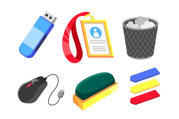 Vector usb 플래시 드라이브 이름 태그 마운트 지우개가 있는 학교 개념으로 돌아가기 위한 학교 요소 도구 교육 아이콘