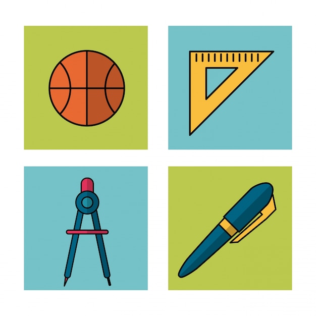 学校の要素バスケットボールとルールの分隊とコンパスのアイコンとペン