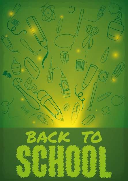 Vector school elements in doodle style on bright green background for back to school season