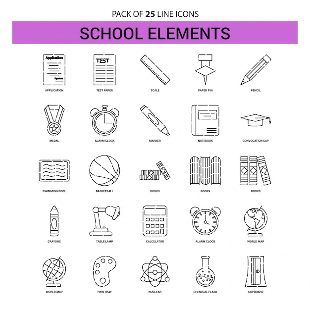 Set di icone di linea elementi scuola - 25 stile contorno tratteggiato