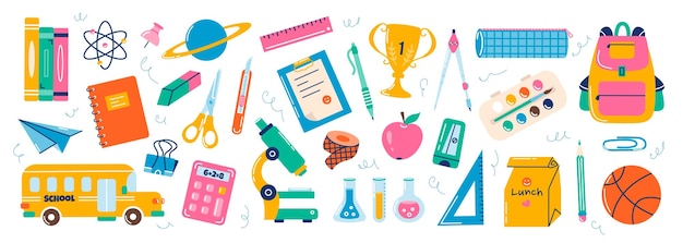 School elements set vector flat illustration in hand drawn style back to school