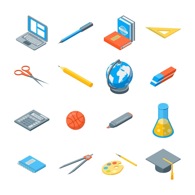 Vector school equipments and tools icons set isometric view vector