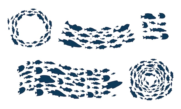 School of fish Black silhouette of underwater animals Sea and ocean tuna floating in shoal swirl Colony of marine small creatures Vector decorative circle and border elements set in nautical style