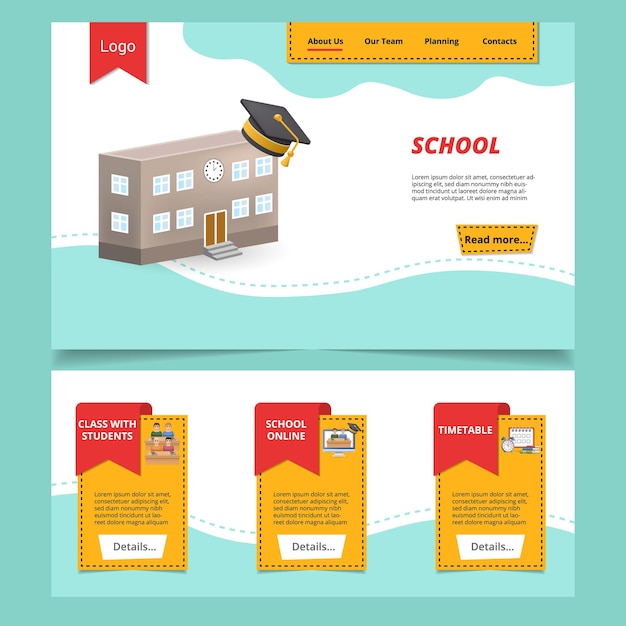 School flat landing page website template Class with students school online timetable Web banner with header content and footer Vector illustration