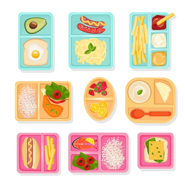 Vector school food top view. lunch boxes for children sort cases for products drinks snacks pizza fruits and vegetables vector pictures. box lunch, snack and food in container illustration