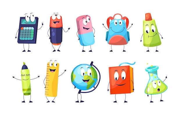 School funny office supplies characters with smile faces compass, book, marker, pen, backpack