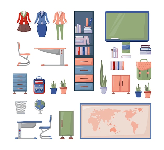 School furniture, desk classroom, map, bookshelf, backpack home decoration furniture clothes