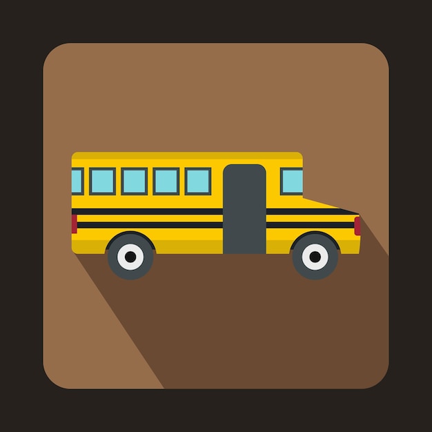 School gele bus icoon in platte stijl op een koffie achtergrond