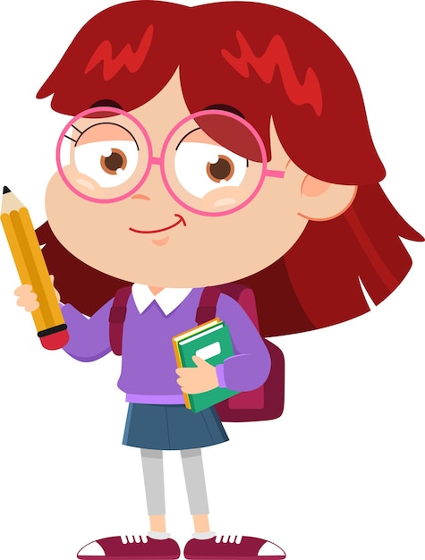 school girl cartoon character with backpack and textbook holding a pencil