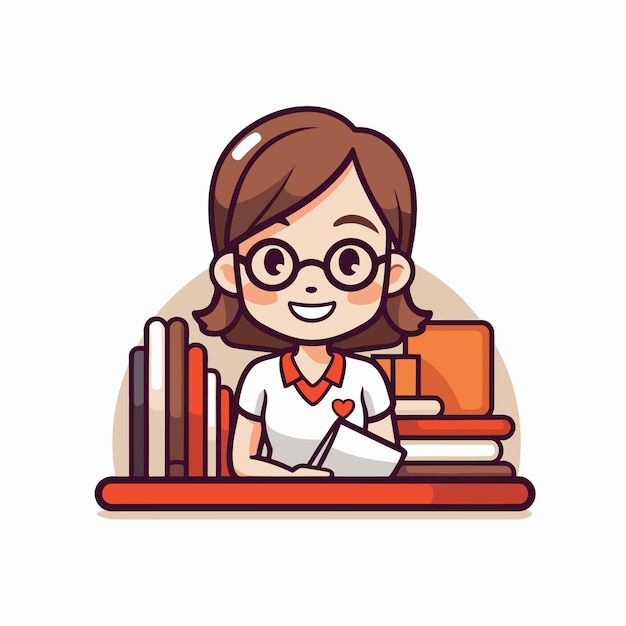 School girl in glasses sitting at the desk with books Vector illustration