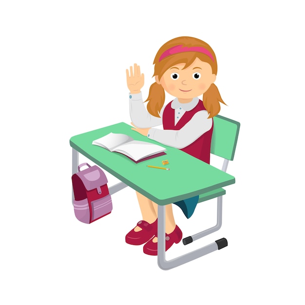 School girl at a school desk and raised her hand.