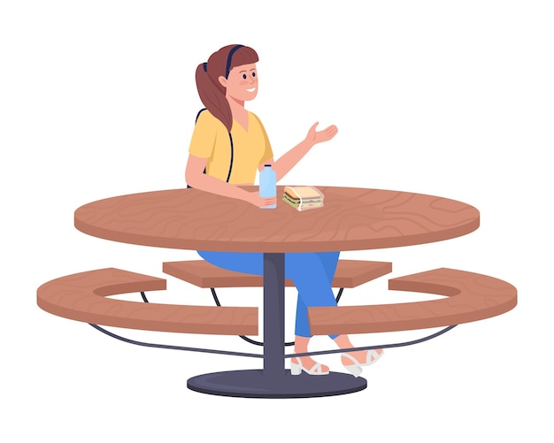 School girl sitting at table semi flat color vector character. Sitting figure. Full body person on white. Lunch isolated modern cartoon style illustration for graphic design and animation