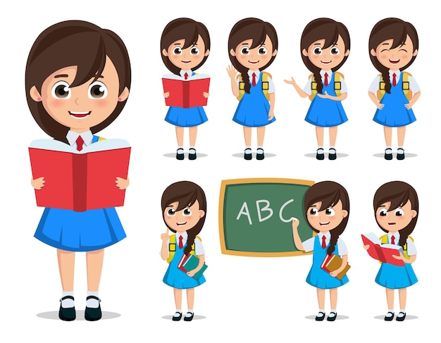 School girl student vector character set back to school kid cartoon character wearing uniform